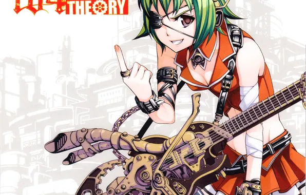 Plant, guitar, glasses, gear, headband, chain, vocaloid, green hair
