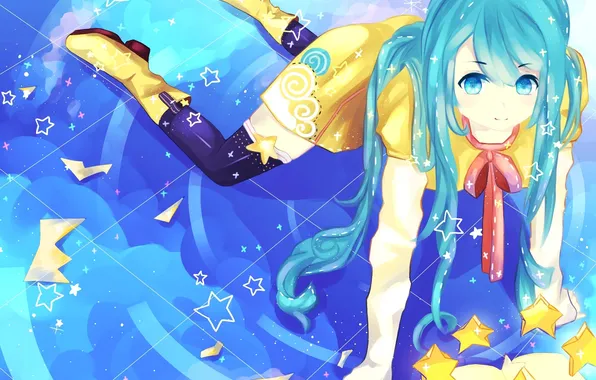 Girl, boots, anime, art, bow, stars