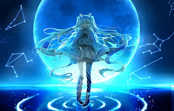 The sky, water, girl, the moon, anime, art, constellation, vocaloid