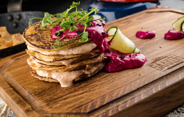 Greens, cucumber, pancakes, sauce