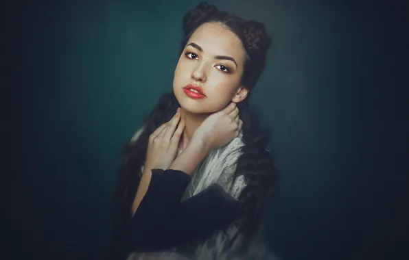 Look, girl, face, pose, the dark background, portrait, blur, hands