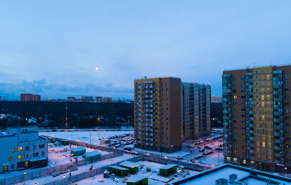 Winter, the sky, clouds, snow, the city, people, the moon, building