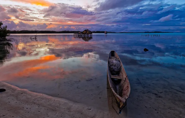 Sand, the sky, clouds, light, sunset, clouds, lake, reflection