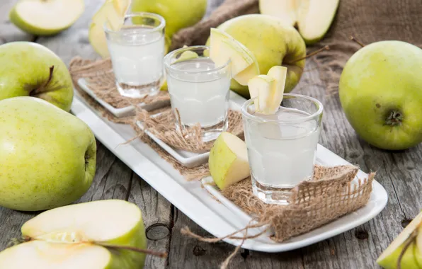 Apples, drinks, wood, tray, glasses