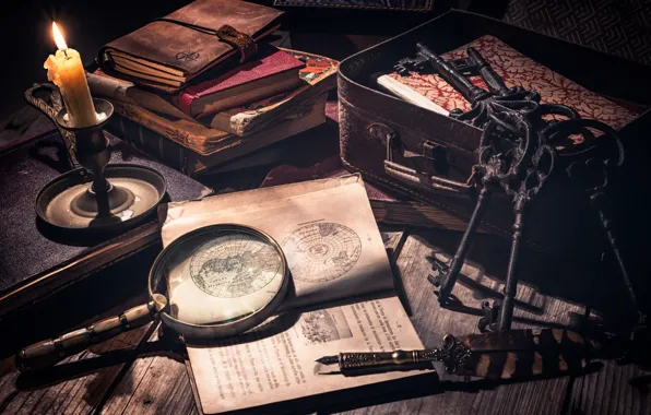 Pen, candle, book, still life, keys, magnifier