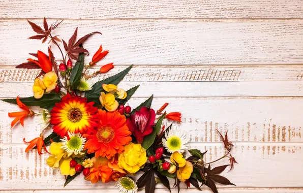 Picture autumn, leaves, flowers, wood, flowers, autumn, leaves, composition, frame, floral