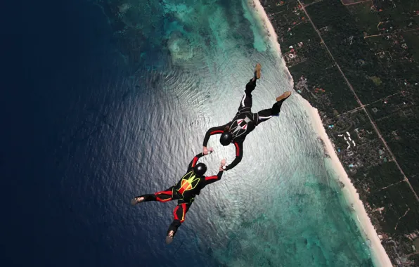Picture beach, reef, skydivers, extreme sports, parachuting, formation skydiving, 2-way FS