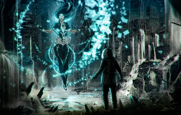 Girl, Ghost, ruins, guy, art, alexiuss
