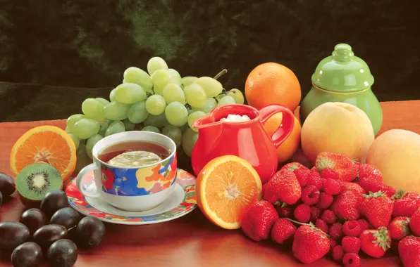 Berries, raspberry, table, tea, oranges, kiwi, strawberry, grapes