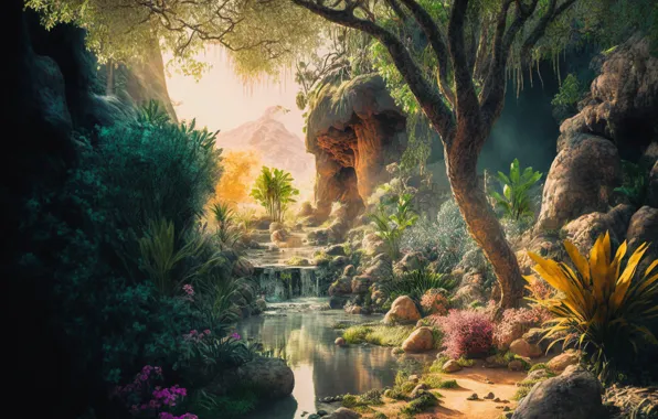 Forest, summer, light, trees, landscape, flowers, mountains, nature