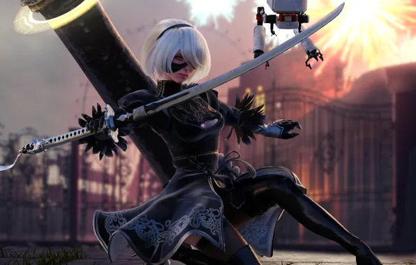 Look, girl, sword, robots, cyborg, Nier Automata, YoRHa No 2 Type B