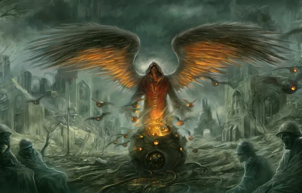 Picture fire, Angel, soldiers, ruins, sphere, corpses