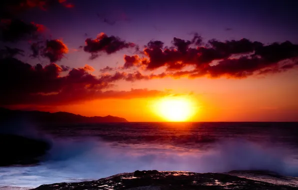 Sea, white, purple, the sun, clouds, sunset, mountains, orange