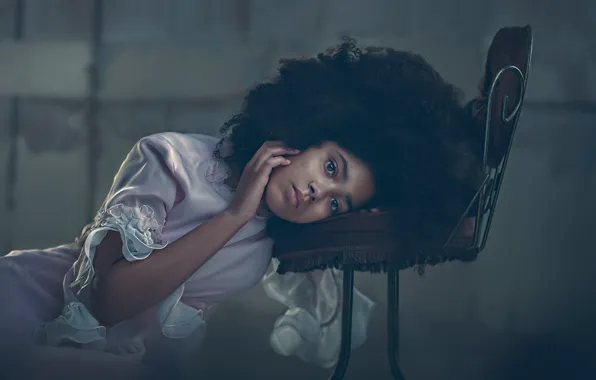 Look, mood, hand, portrait, dress, girl, curls, chair