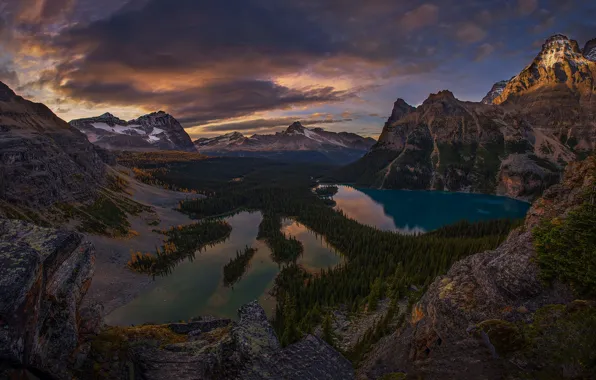 Forest, the sky, clouds, mountains, rocks, lake, Canada