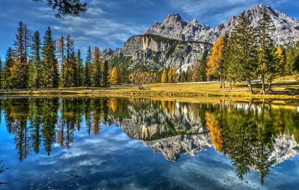 Autumn, trees, mountains, lake, reflection, Italy, Italy, The Dolomites