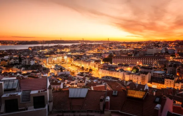 Sunset, river, building, home, panorama, Portugal, night city, Lisbon