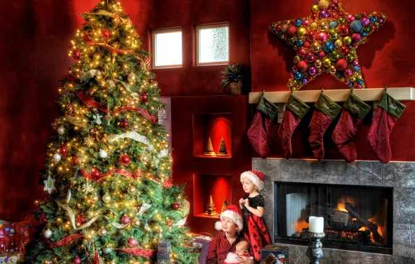 Picture room, garland, children, tree, fireplace, toy, new year