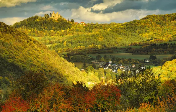 Autumn, forest, clouds, light, trees, mountains, castle, hills