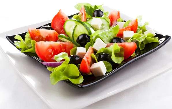 Cheese, bow, plates, tomatoes, cucumbers, salad, olives, lettuce