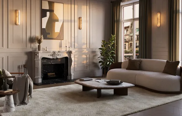 Style, interior, plants, picture, Italy, fireplace, Italian design, luxury upholstered furniture