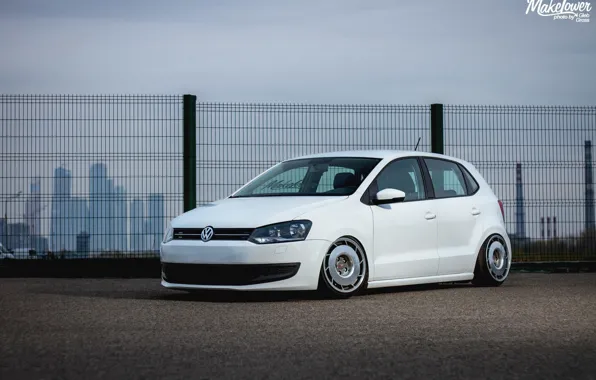 Picture volkswagen, white, wheels, tuning, polo, germany, low, stance