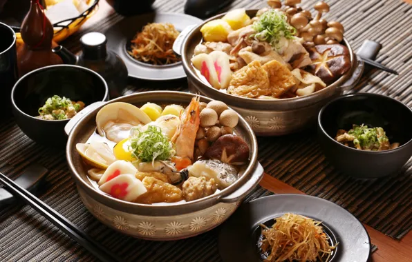 Mushrooms, shrimp, seafood, Japanese cuisine, meals, tofu