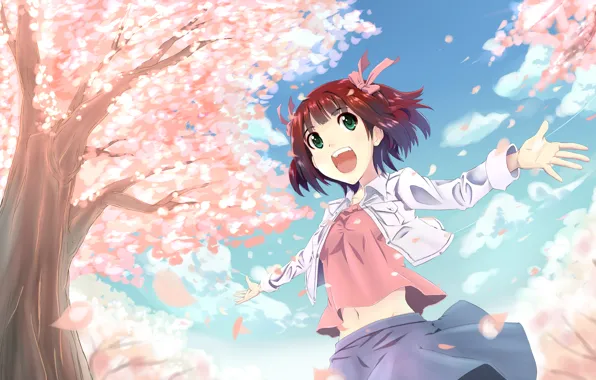 Picture the sky, girl, clouds, trees, the wind, anime, petals, Sakura