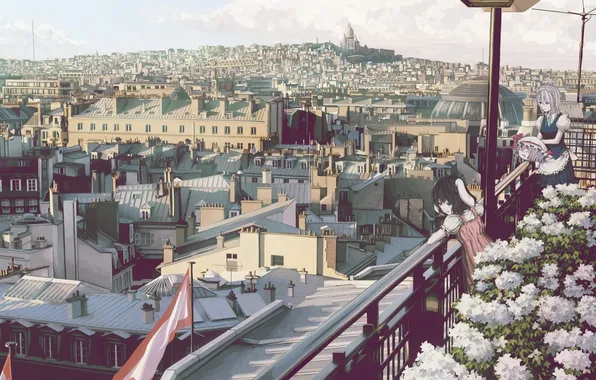 The city, anime, girl, balcony