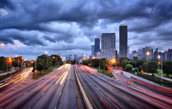 City, lights, skyscrapers, the evening, USA, America, Chicago, Chicago