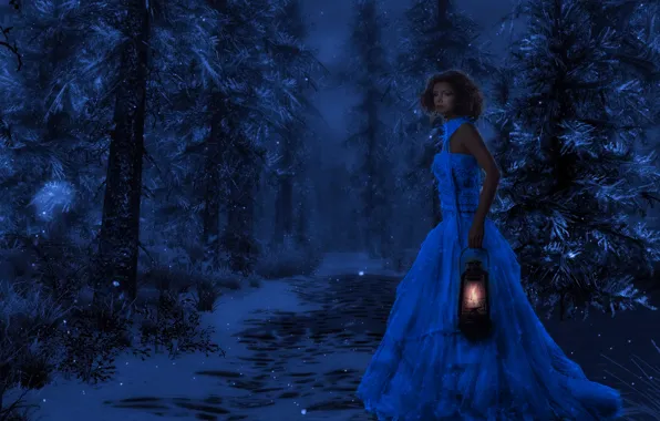 Picture winter, forest, girl, snow, night, nature