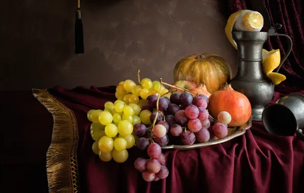 Lemon, grapes, pumpkin, pitcher, fruit, still life, garnet