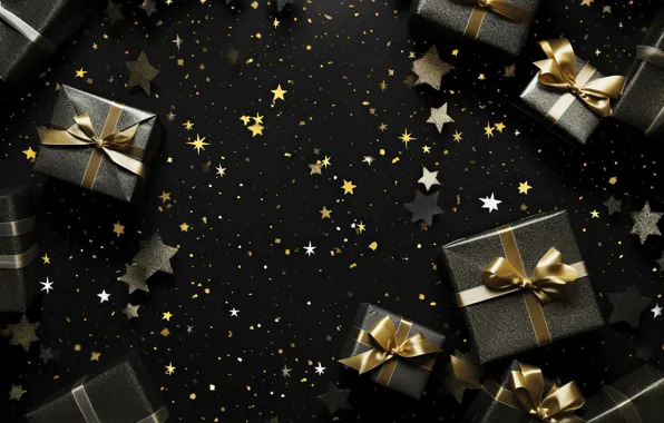 Gift, Christmas, gifts, New year, black background, bows, bow, bow