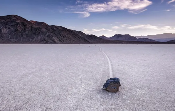 Picture CA, USA, National Park Death Valley, dry lake, Racetrack Playa, moving rocks, crawling stones, sliding …