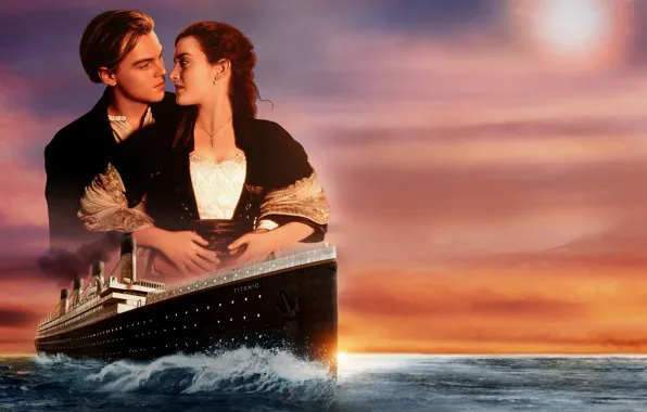 Love, sunset, ship, pair, Titanic, love, sunset, Leonardo DiCaprio