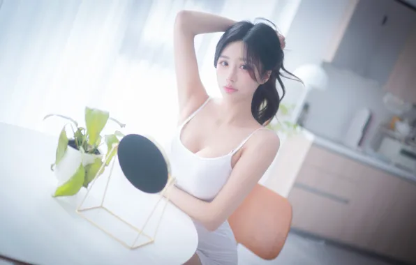 Cleavage, Asian, dress, model, women, white dress, women indoors, Korean women