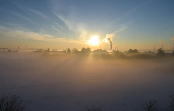 Picture winter, the sun, snow, fog, smoke, village