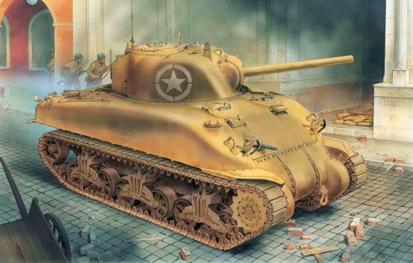 Art, tank, the battle, American, under, M4A1, infantry, Sherman