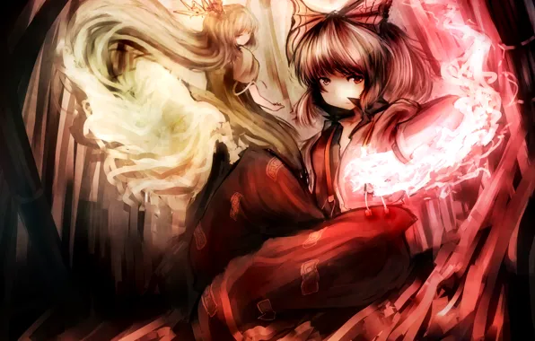 Look, girls, magic, touhou, art, kamishirasawa keine, mfua. RU, fujiwara no mokou