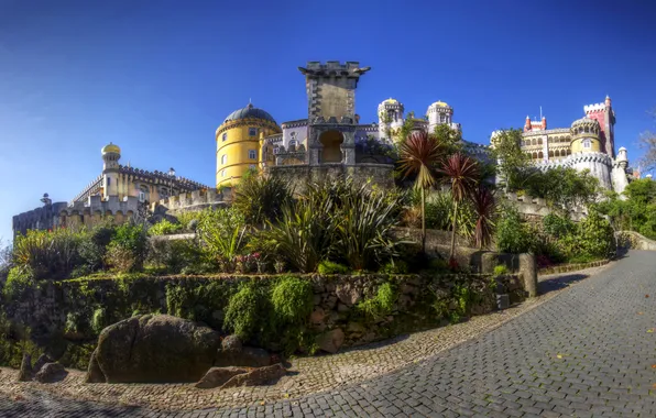 Picture road, trees, stones, Portugal, the bushes, Palace, hill, Sintra
