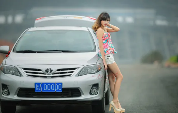 Auto, look, Girls, Asian, Toyota, beautiful girl, leaning on the car
