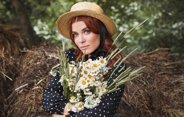Look, girl, flowers, portrait, chamomile, bouquet, hat, Elina Garipova