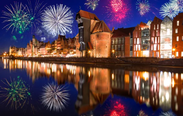 Picture Poland, night, fireworks, building, Gdansk, river