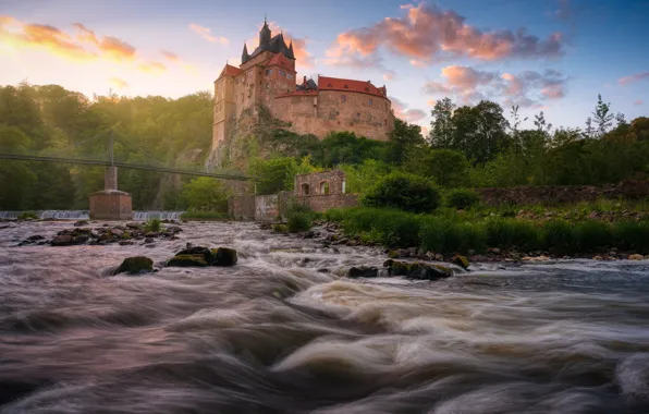 Landscape, nature, river, castle, Germany, Saxony, Zschopau, Kriebstein