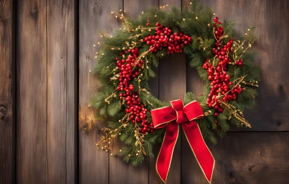 Berries, Board, fruit, Christmas, New year, bow, needles, wreath