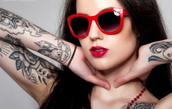 Face, hands, lipstick, tattoo, glasses, Jack Russell, Verity Rose