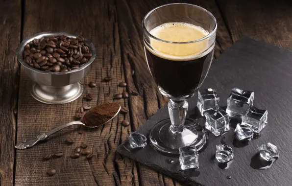 Glass, Board, glass, coffee, ice, spoon, drink, bowl