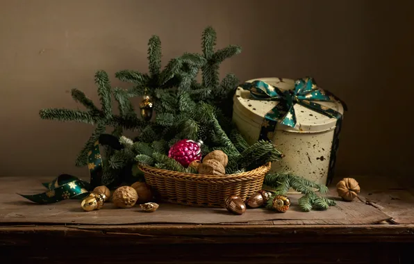 Decoration, branches, holiday, box, toys, new year, spruce, tape