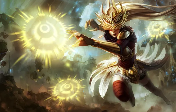 Picture girl, the city, magic, explosions, armor, feathers, League of Legends, LoL