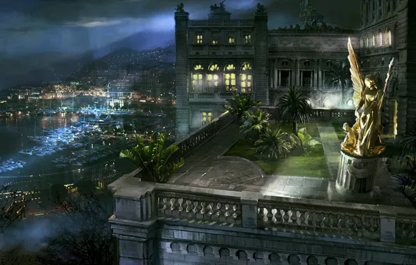 Night, angel, pier, balcony, statue, Monaco